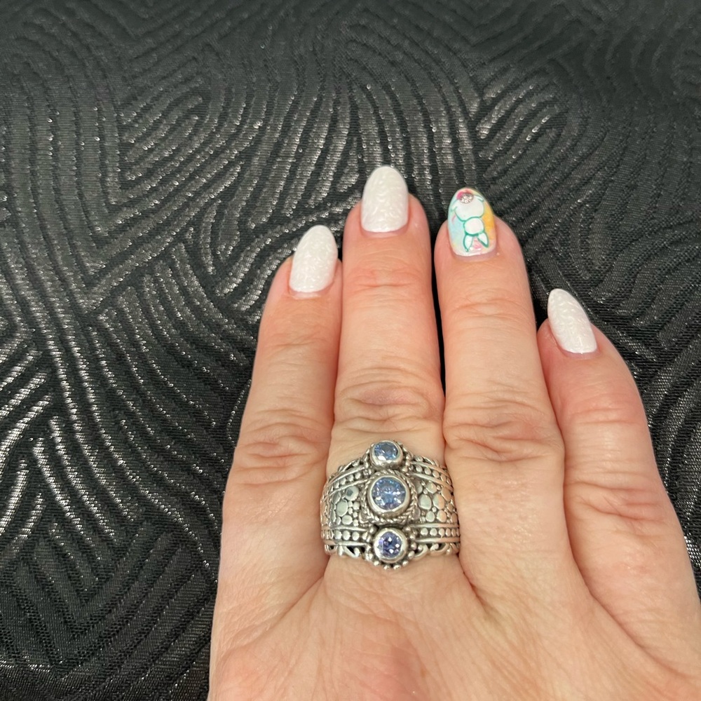 Sarda Sterling Silver Ring with 3 celestial blue Moissanite stones, size 10